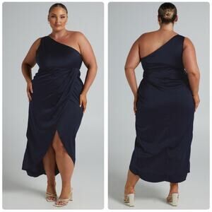 Showpo Felt So Happy Dress Navy Blue Size 14 NWT Designer Asymmetrical Satin New
